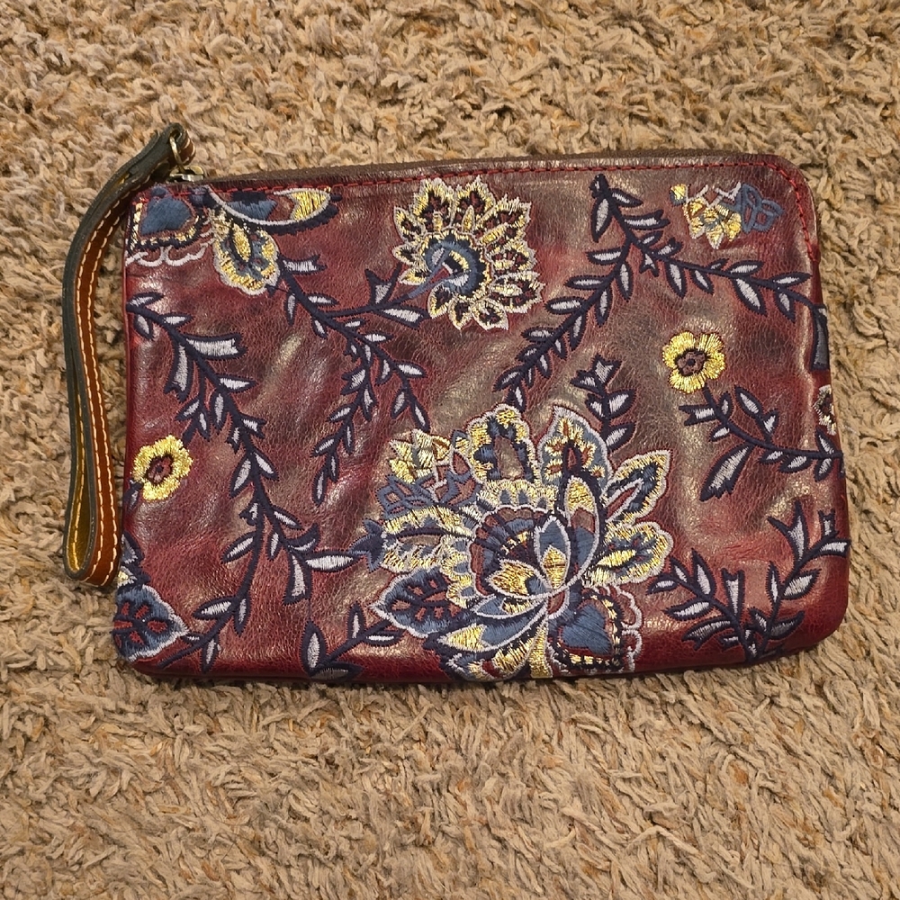 Patricia Nash Burgundy Floral Embroidered Leather Wristlet